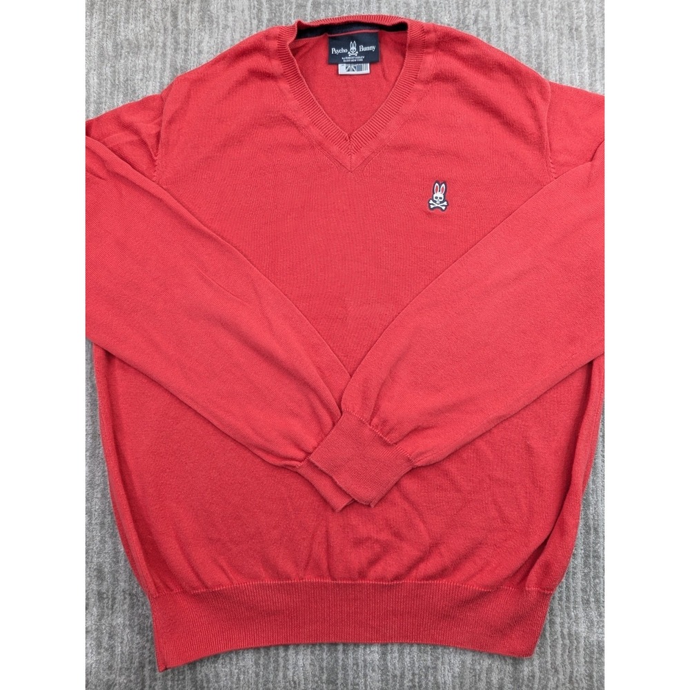 Psycho Bunny Sweater Men's Medium Pima Cotton V-Neck Pullover Embroidered Red